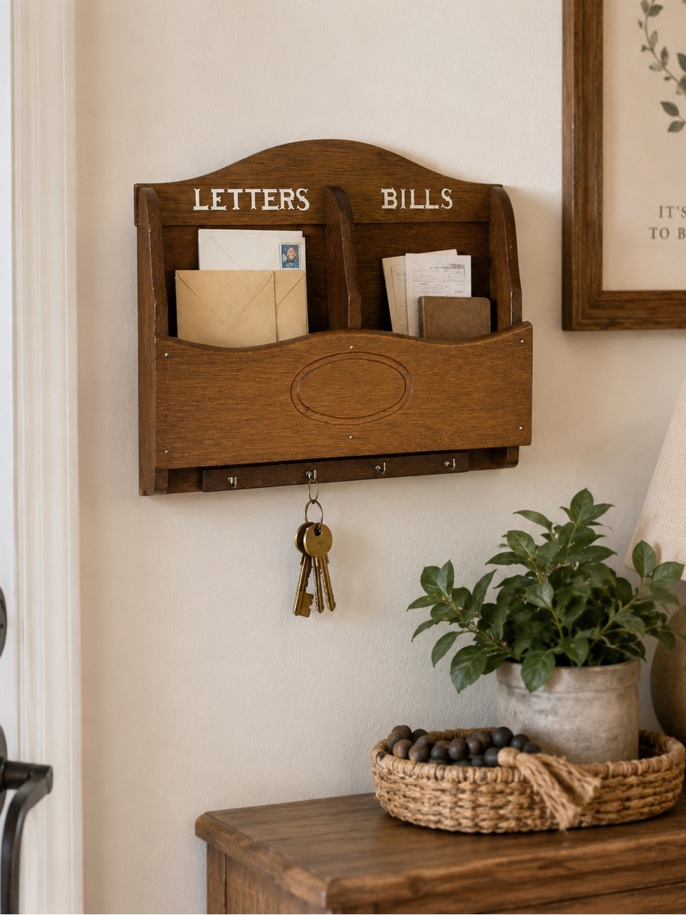 Vintage Wooden Mail Organizer With Key Hooks